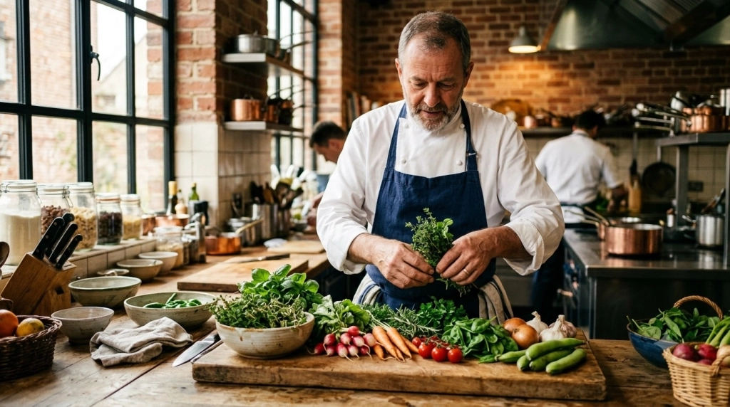 chef cuisinier triant des légumes et herbes fraîches de saison dans une cuisine professionnelle